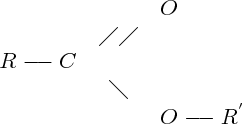 $       
\begin{array}{ccl}

&&O\\
&\diagup \diagup&\\
R \relbar \joinrel \relbar  C&&\\
&\diagdown&\\
&&O   \relbar \joinrel \relbar    {R}^{'}

\end{array}
$ 